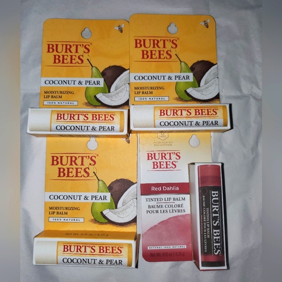 :* 4 NIB Burt's Bees coconut & pear moisturizing & red dahlia Tinted Lip balm - Picture 1 of 12